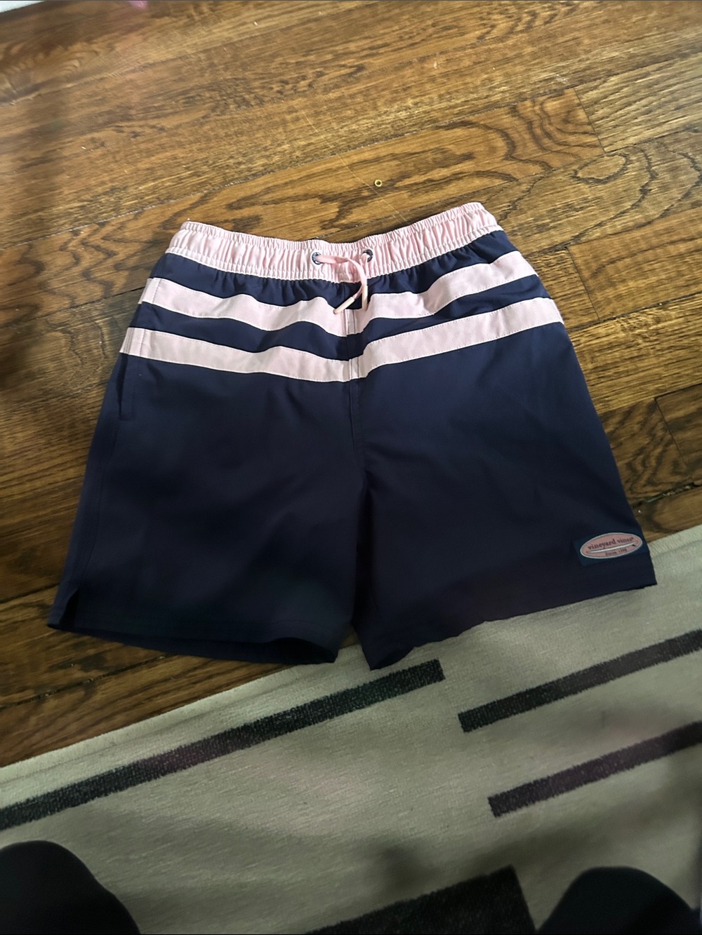 Vineyard vines boys Navy and Light Pink Striped Swim Trunks